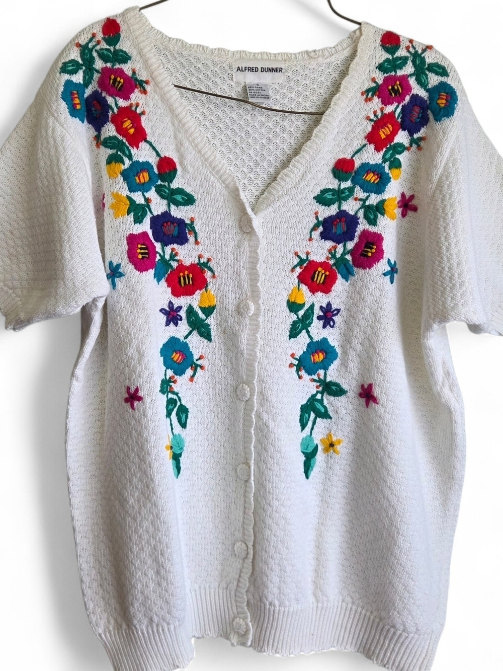 Alfred Dunner White Short-Sleeve Knit Cardigan with Multicolor Floral Embroidery